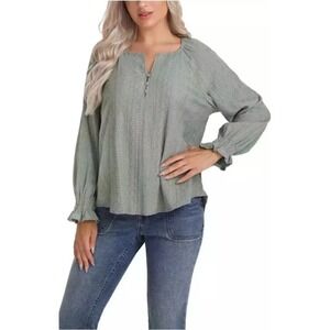 Frye Peasant Blouse Eyelet Long Sleeve Button‎ Top Green Boho Size L NWT